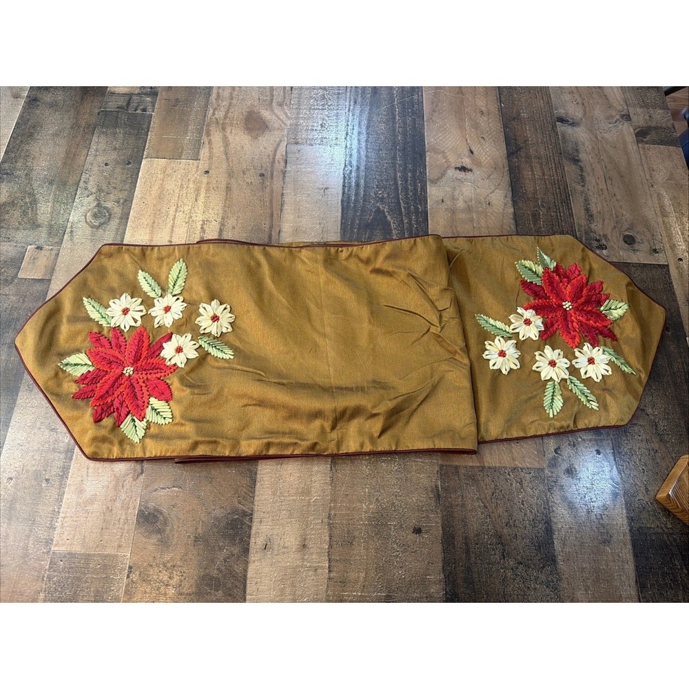 Jabara Group Embroidered Poinsettia Table‎ Runner 12x68" Christmas Shimmer Retro
